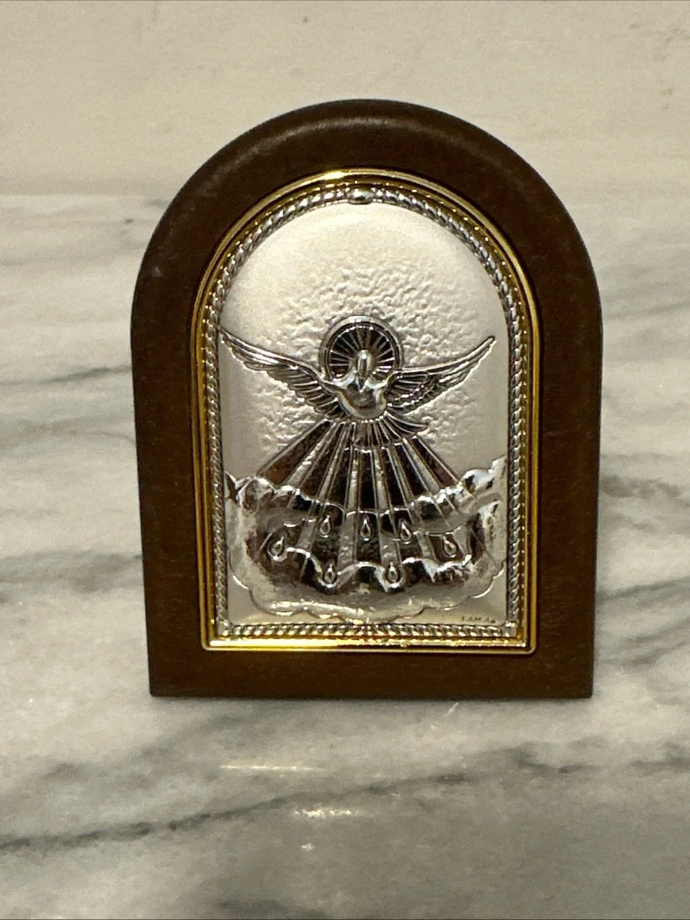 Holy Spirit sterling Silver Dove Arch Plaque in Brown Frame Italy